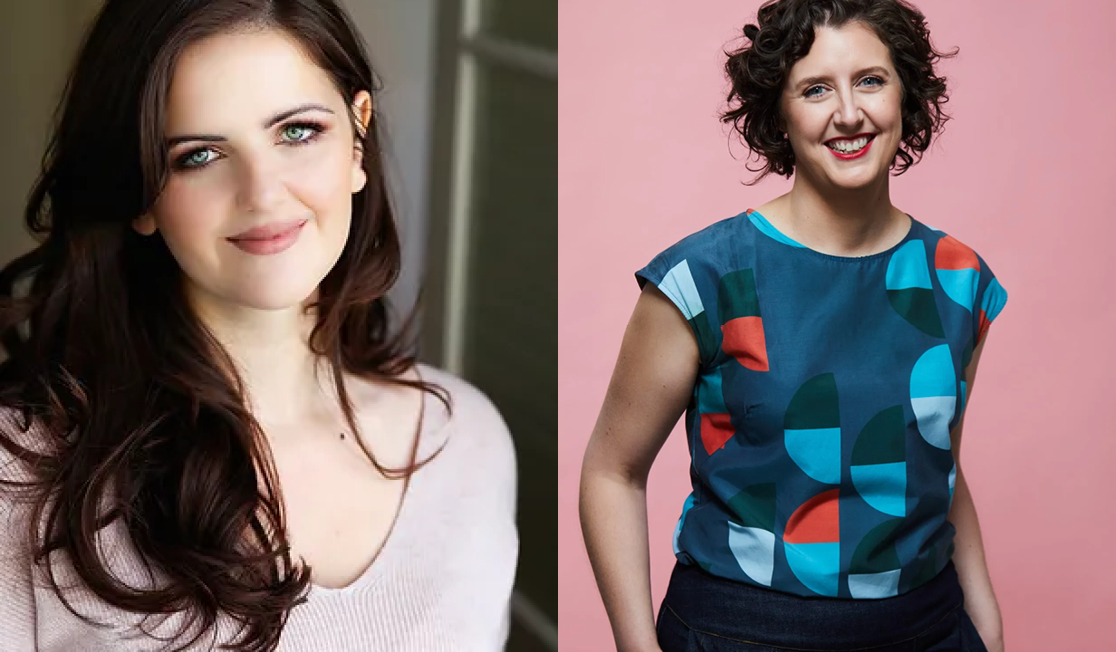 Sophie Gonzalez wears a light coloured top. Sophie has long dark hair and is smiling. Erin Gough wears a blue shirt with a geometric pattern and has short curly hair. Erin is in front of a pink background and is smiling.