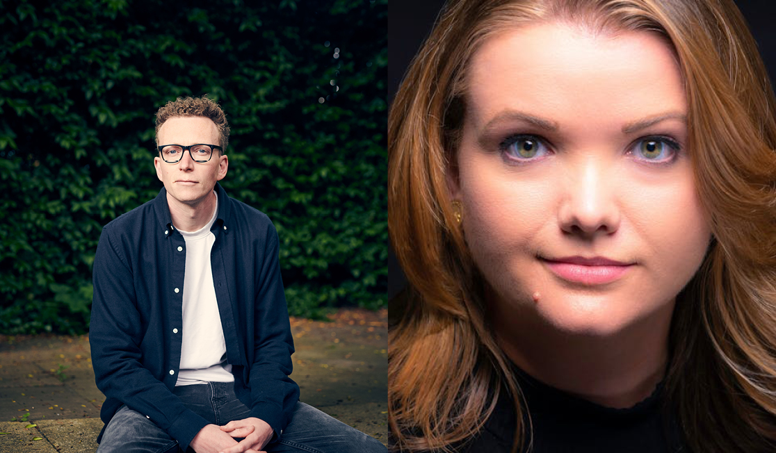Headshots of two authors. Tom is wearing an open blue shirt with a white t shirt underneath and glasses, and Téa wearing a dark top and looking at the camera intently 