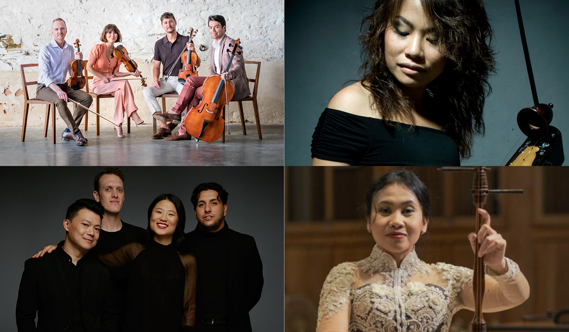 Ten musicians are shown in composite. They are all holding their instruments and some are posing with their ensemble.