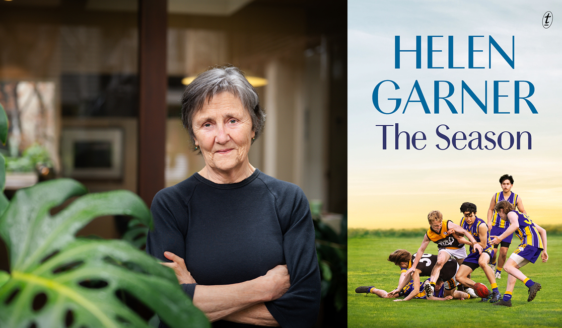 Helen Garner stands behind a green monstera leaf. She has her arms crossed an is smiling. The book jacket shows teenage boys playing footy on grass. 
