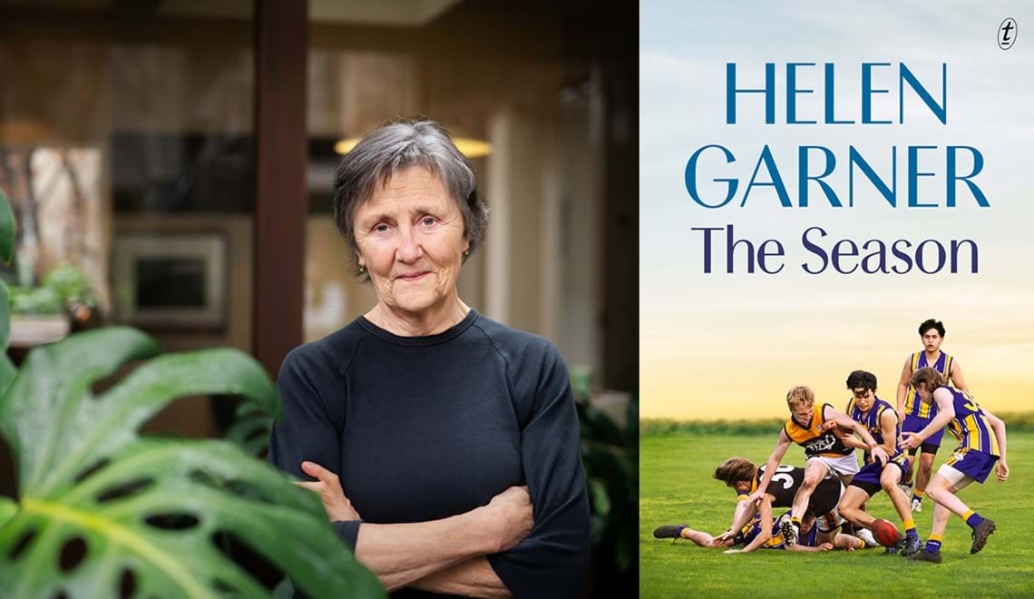 Helen Garner stands behind a green monstera leaf. She has her arms crossed an is smiling. The book jacket shows teenage boys playing footy on grass.