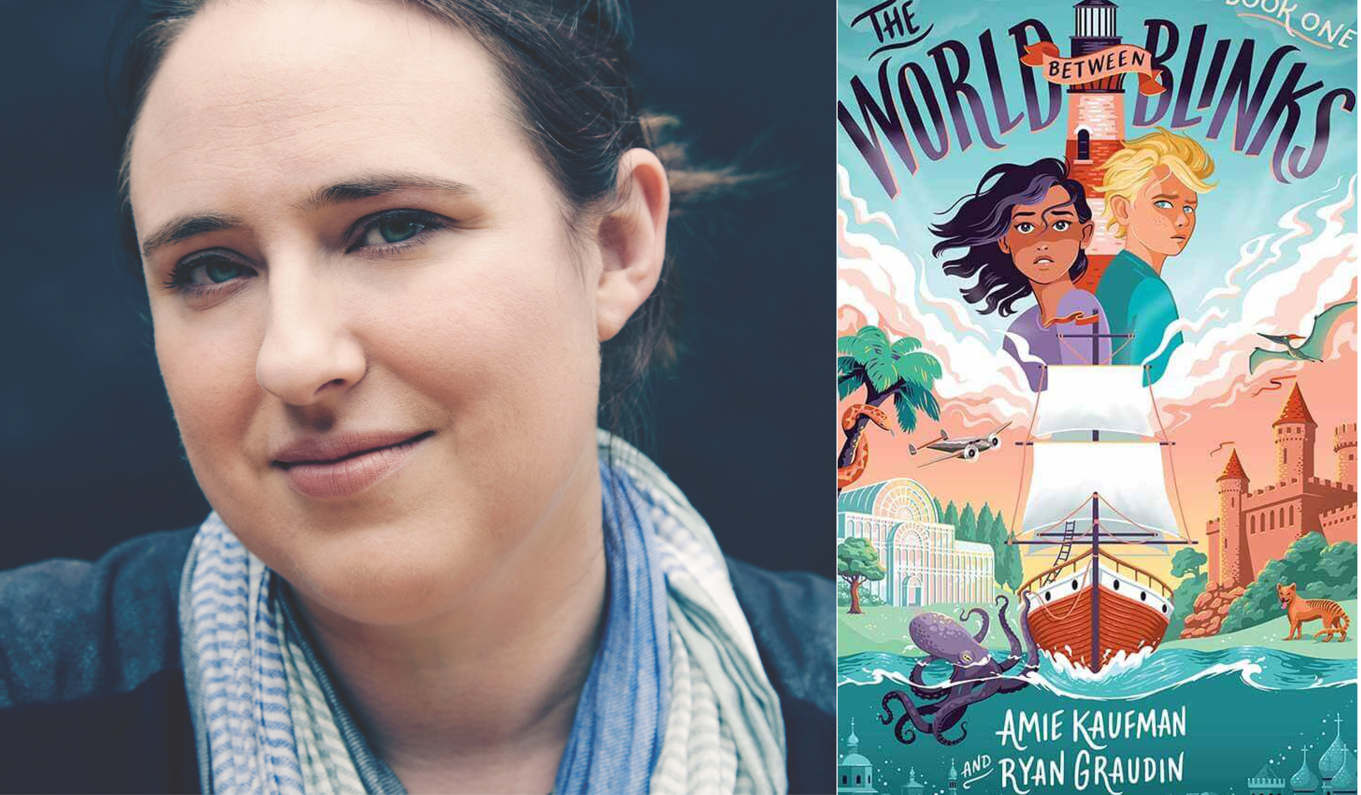 Amie Kaufman wears a blue scarf and has their hair pulled back. Amie has a slight smile.