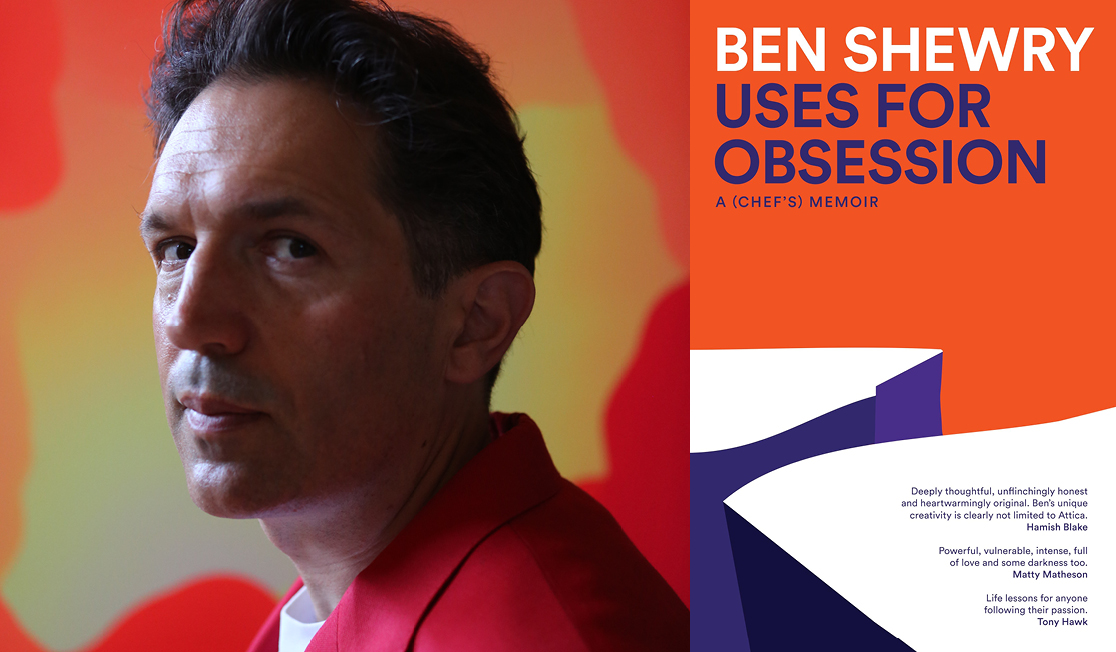 Ben Shewry wears a red jacket over a white tee. He looks to the camera over his shoulder. He has short dark air. The book jacket is a bright orange background with a simple illustration of icebergs or cliffs.