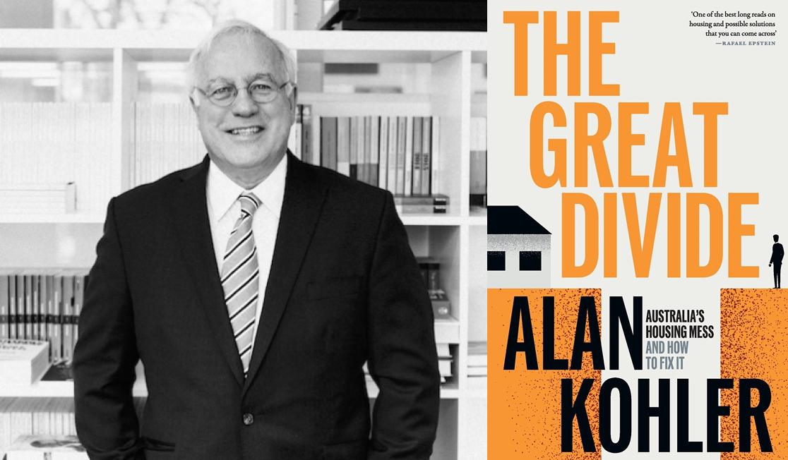 Alan Kohler stands in front of a book shelf wearing a suit and glasses. He is smiling and has his hands in his pockets. The book jacket shows an illustration of a person standing on a ledge with a house on a ledge out of reach.