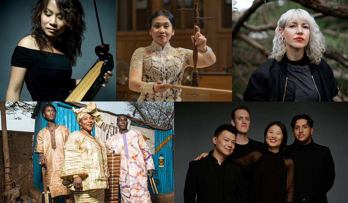 A composite image of 10 musicians, some are holding their instruments and others are posing as an ensemble. 