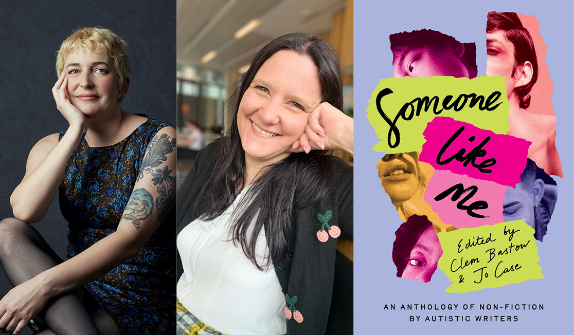 Headshots of Clam Bastow and Jo Case. Clem wears a dark dress, they have short blonde hair and are smiling. Jo wears a black cardigan over a white top. They have long dark hair and are smiling.