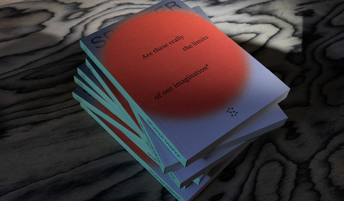 A stack of journals with a red circle on a purple background.