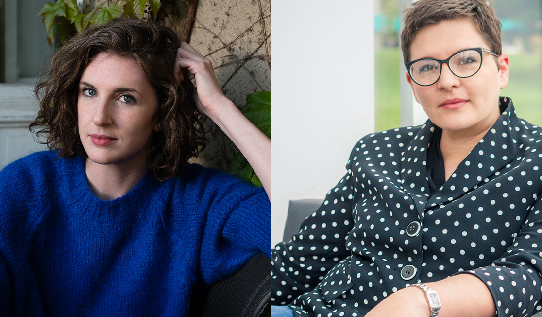 Headshots of Lauren Oyler and Beejay Silcox. They both have brown hair and are slightly smiling.