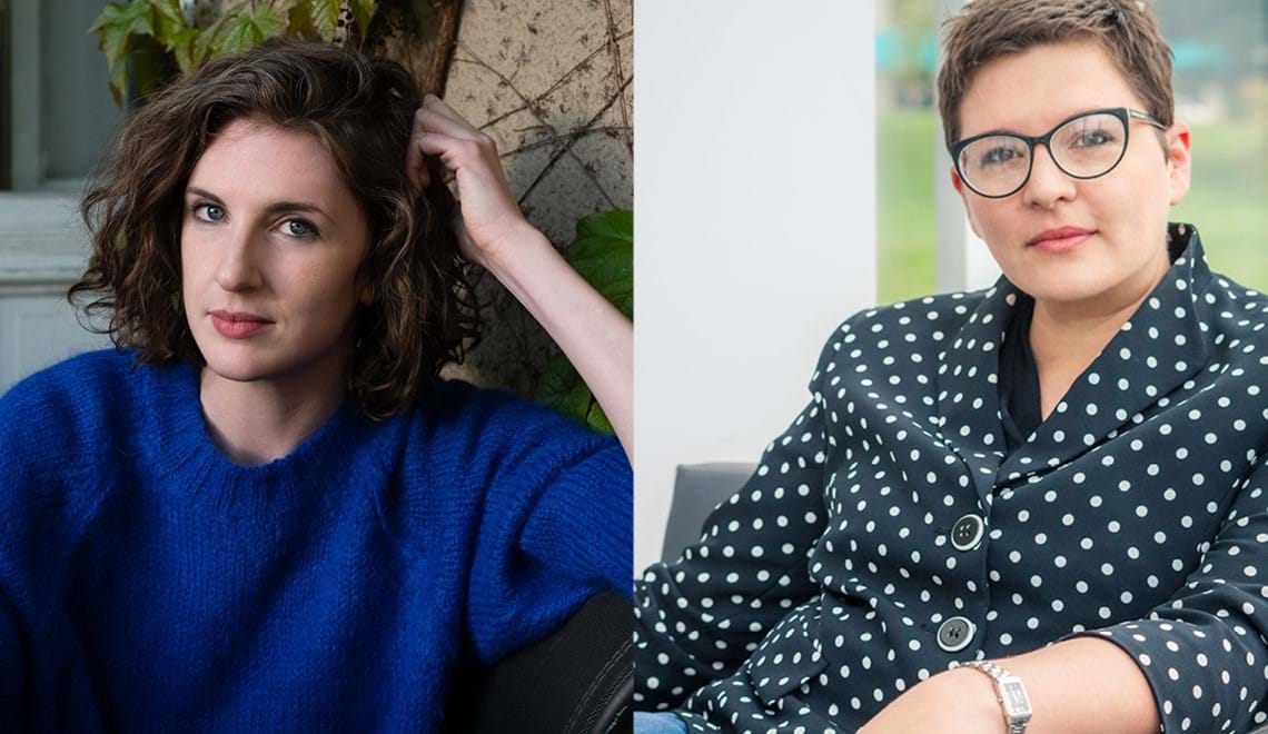 Headshots of Lauren Oyler and Beejay Silcox. They both have brown hair and are slightly smiling.