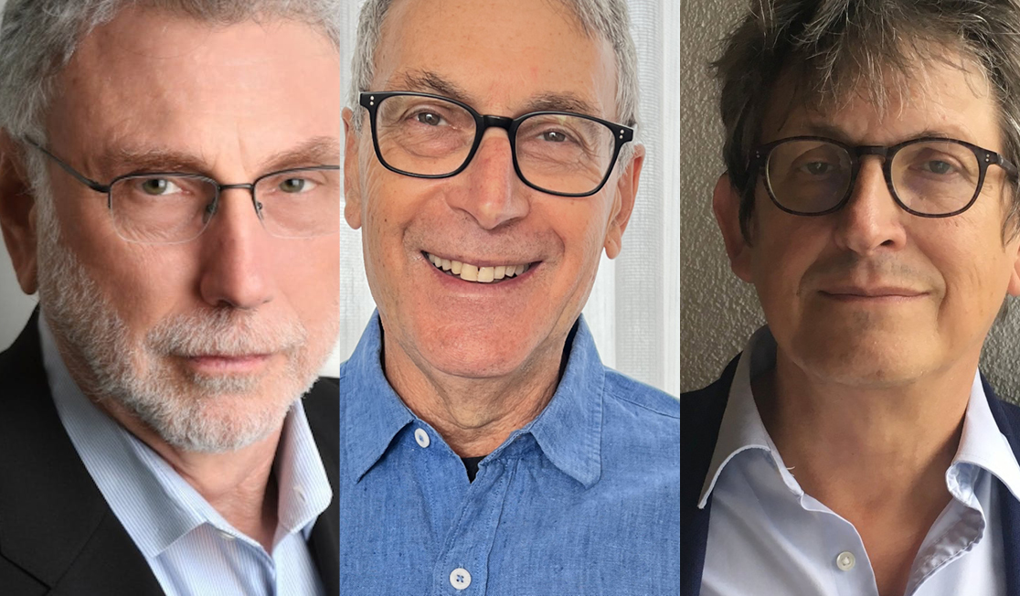 Three author headshots. All three men are wearing blue shirts and glasses and are smiling