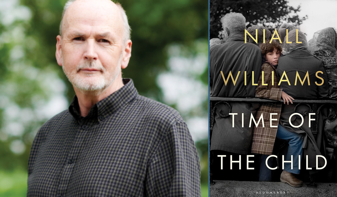 Niall Williams wears a dark grey shirt and stands outside with a green background. He has a grey beard. The book jacket shows a child squeezing through a group of people.