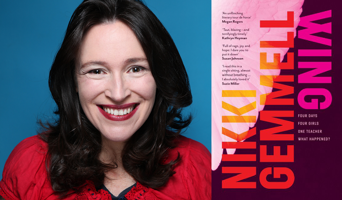 Nikki Gemmell wears a red shirt and has long black hair. She is in front of a blue background and is smiling.