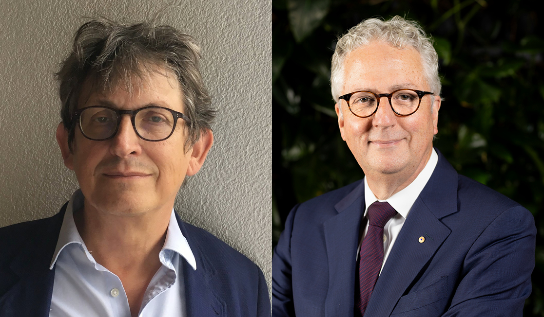 Two author headshots. Both have grey hair and dark framed glasses. They both wear a blue suit jacket.