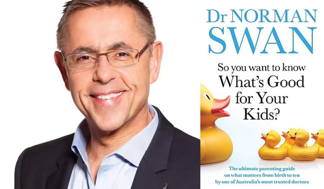 Norman Swan wears a black suit jacket and a blue shirt. He smiles and wears glasses. The book jacket has a white background and 5 yellow rubber ducks.