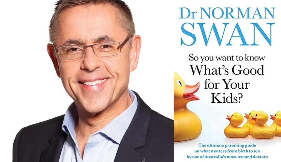 Norman Swan wears a black suit jacket and a blue shirt. He smiles and wears glasses. The book jacket has a white background and 5 yellow rubber ducks.