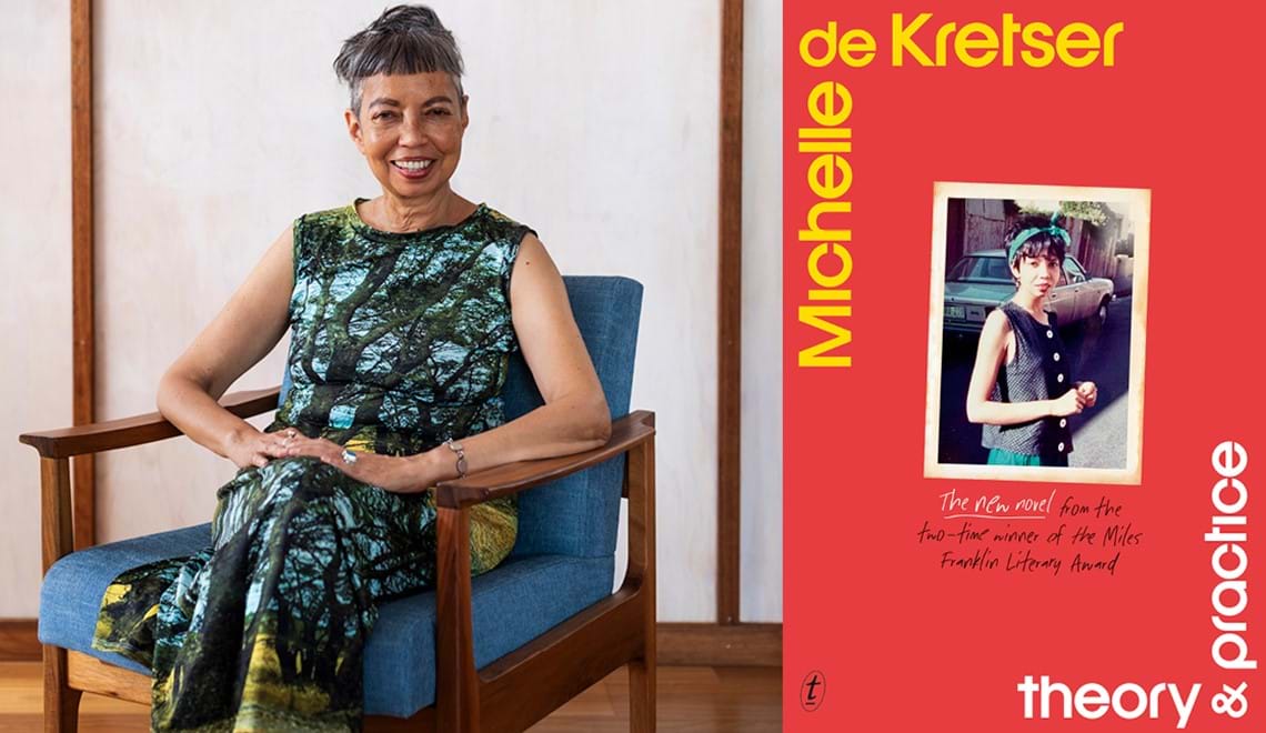 Michelle de Kretser sits on a mid century modern chair wearing a long dress with a tree print. She smiles and has short grey hair. The book jacket has a red background with a polaroid style image of Michelle de Kretser.