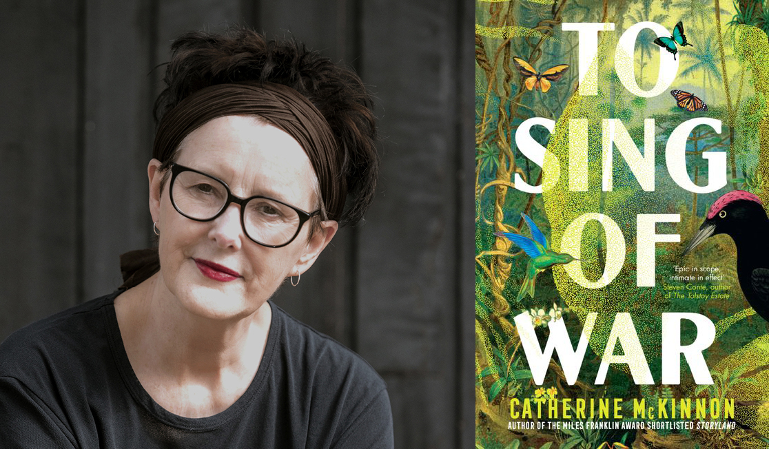 Catherine McKinnon wears a black top and glasses. She has a headband on top of short dark hair. The book jacket shows an illustration of a jungle with butterflies and birds.