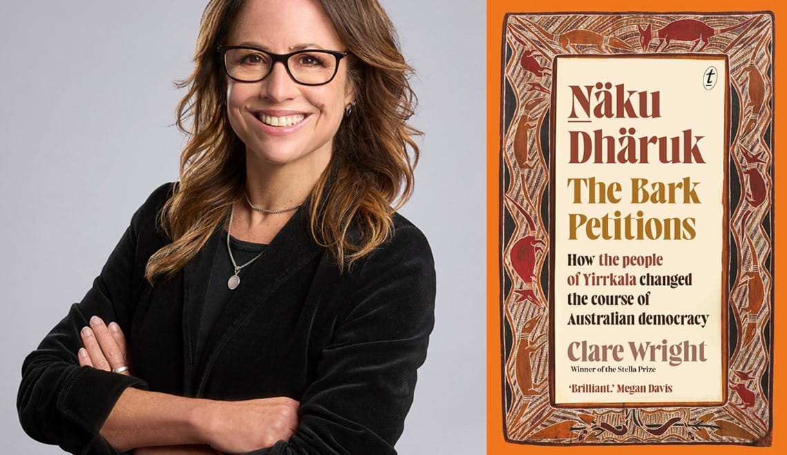 Clare Wright wears a black jacket and stands with her arms crossed in front of a grey background. She has long brown wavy hair and wears glasses. The book jacket shows an artwork of animals bordering the text.
