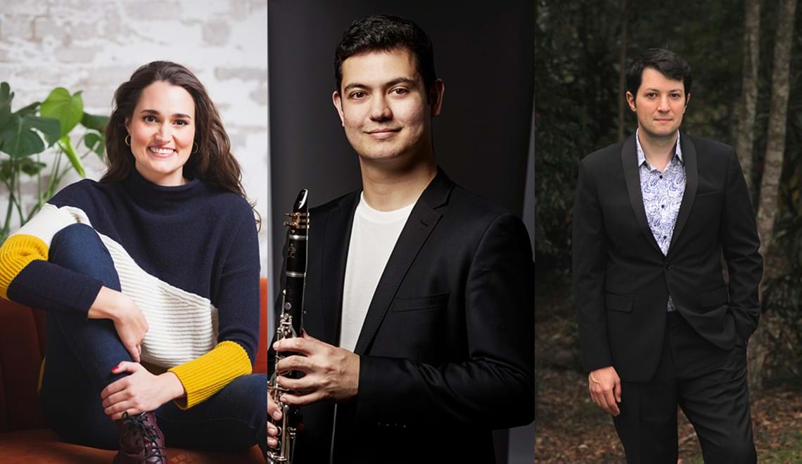 Three musicians are shown in composite. They are smiling and one holds a clarinet.