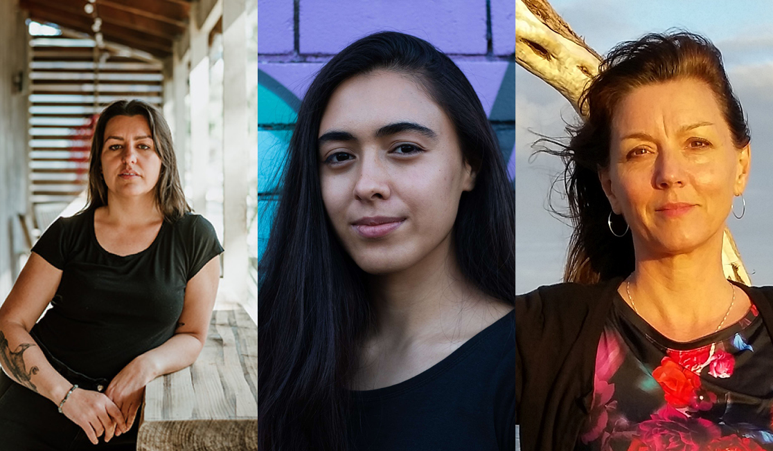 Headshots of three authors. They are all women with brown hair and dressed formally. They are smiling lightly.