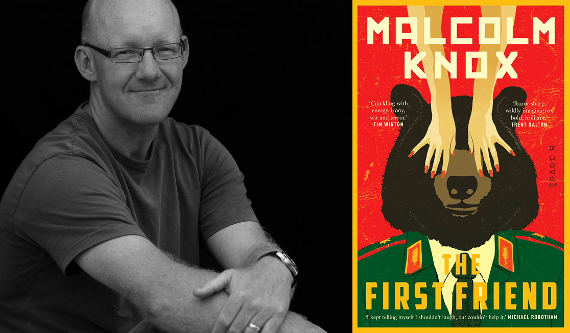 Malcolm Knox in black and white. He is wearing a tshirt and glasses and is smiling. Book jacket shows a bear wearing a green uniform on a red background.