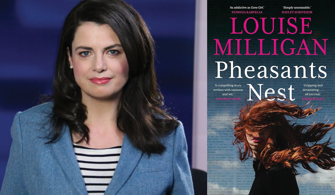 Louise Milligan wears a blue jacket over a striped shirt. She has long dark hair and smiles. The book jacket has an image of a woman wearing a black turtle neck with long red hair that blows across her face.