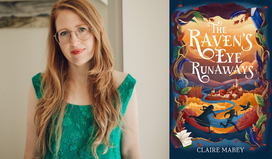 Claire Mabey wears a green top with a flower print and has very long strawberry blonde hair. Claire is wearing glasses and smiling.