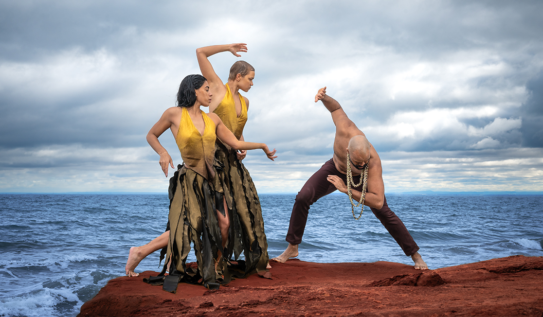 Three people stand on a read clifftop. They are posing with their arms out. The sea and sky are visible behind them.