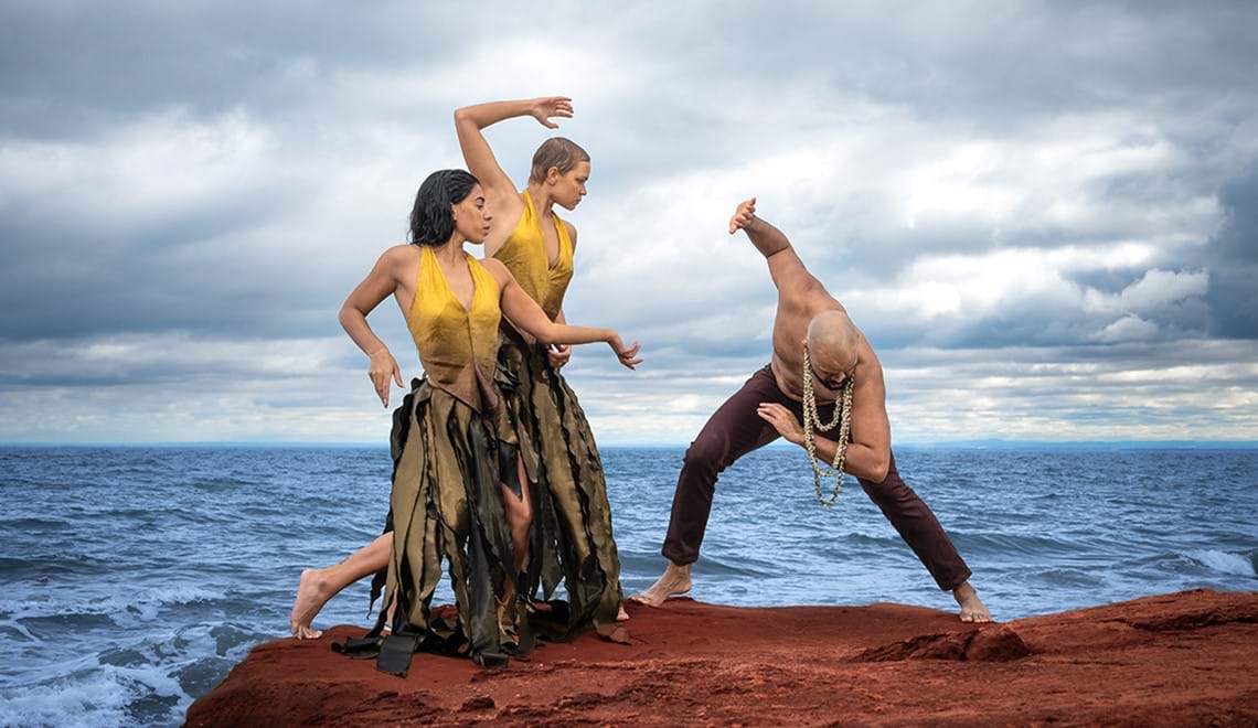 Three people stand on a read clifftop. They are posing with their arms out. The sea and sky are visible behind them.
