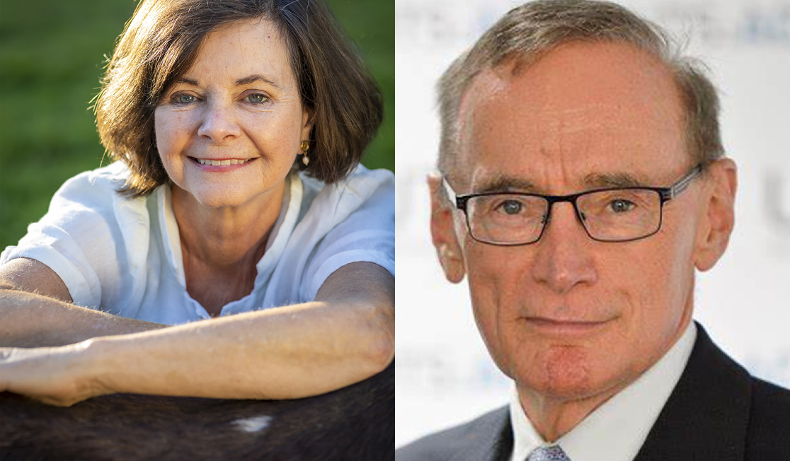 Geraldine Brooks wears a white shirt, Geraldine has brown hair and is smiling. 