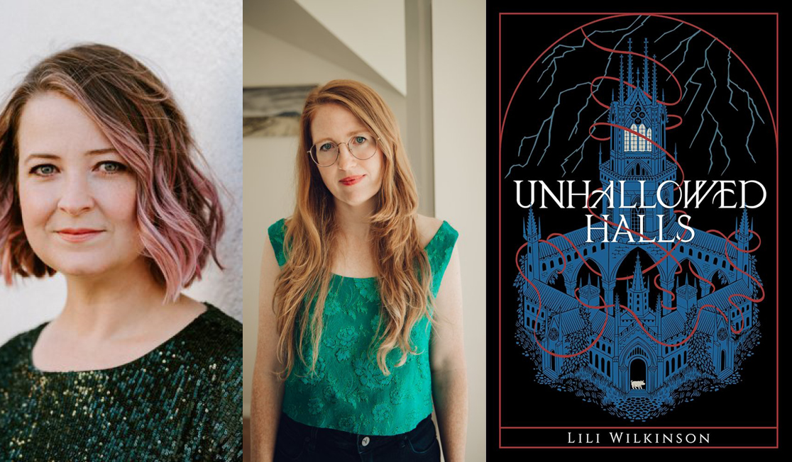 Lili Wilkinson wears a dark top and has shoulder length hair. Lili stands in front of a white wall and is smiling.Claire Mabey wears a green top with a flower print and has very long strawberry blonde hair. Claire is wearing glasses and smiling.