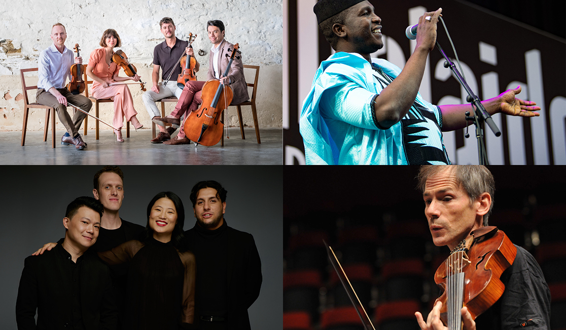 A composite image of 10 musicians, some are holding their instruments and others are posing as an ensemble. 