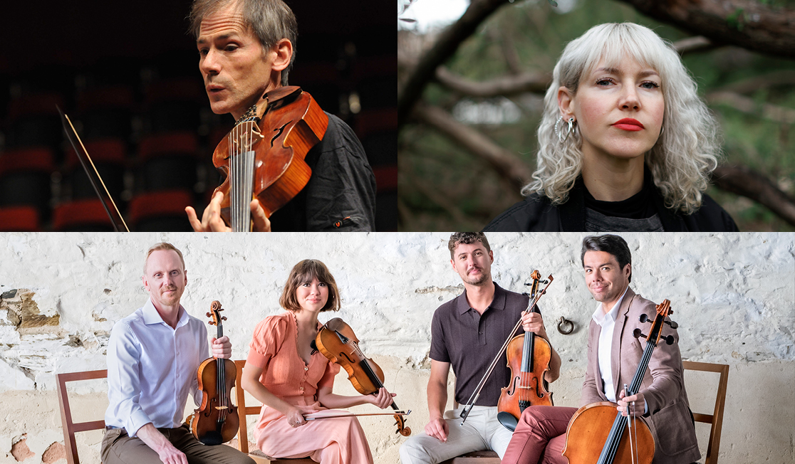 Six musicians are shown in composite. Four are an ensemble, they are seated in a bright room holding their string instruments. The others are wearing black, one with long white blonde hair and the other with short grey hair and holding a violin.