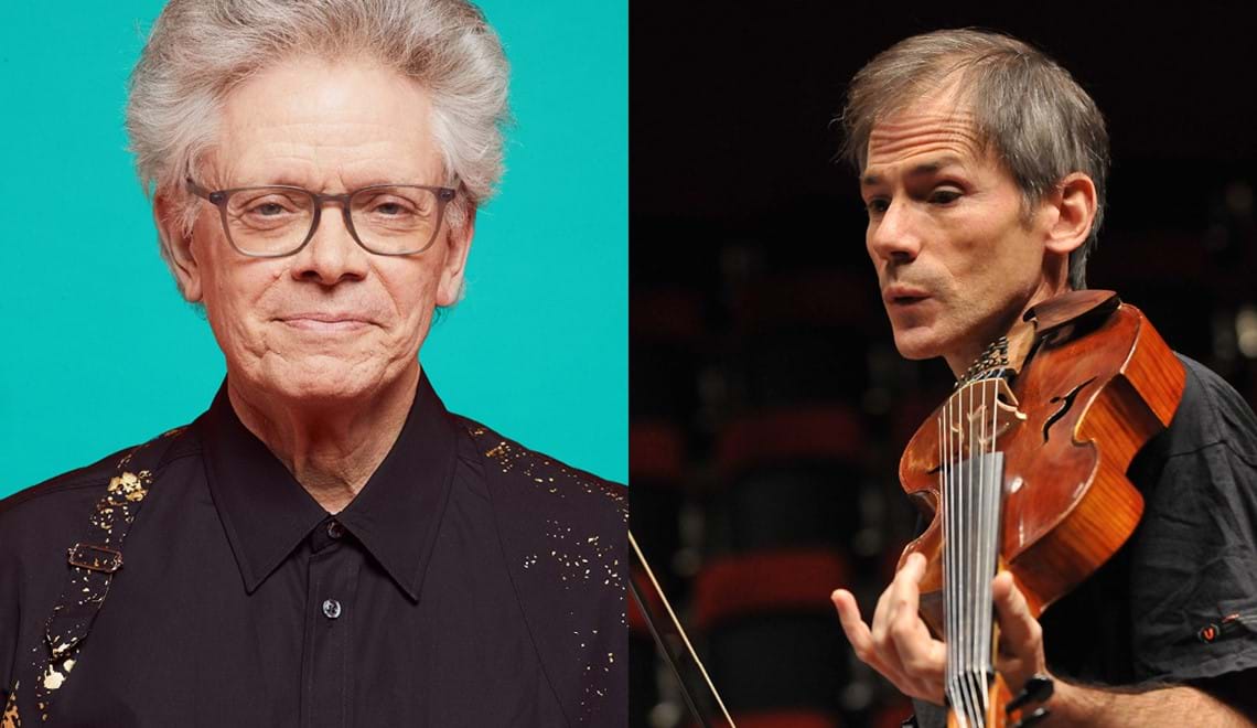 Two musicians are pictured in composite. One is shown wearing a black shirt in front of a bright blue background. He has grey hair and glasses. The other musician holds a viola while performing.