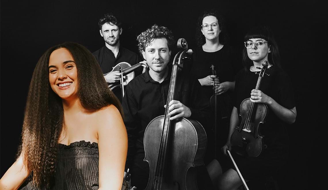 Jess Hitchcock (pictured in colour) and the four Penny Quartet members (pictured in black-and-white)