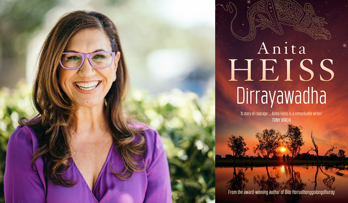 Anita Heiss Wears a purple top and glasses with purple frames. She has long wavy brown hair and is smiling. The book jacket has an image of a sunset reflected over a body of water.