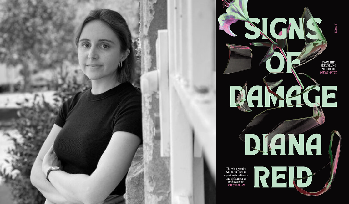 Diana Reid stands leaning against an outside wall. She has shoulder length dark hair and wears a dark tshirt. The book jacket has a black background and shows a broken glass vase with a flower falling.