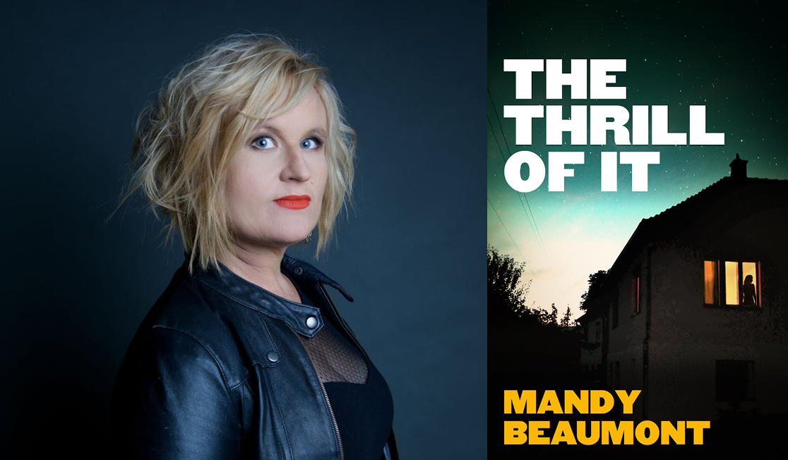 Mandy Beaumont wears a leather jacket and a black mesh top. She has blond hair and red lipstick and looks intensely at the camera. The book jacket shows a silhouette of a woman in the window of a house with the night sky behind.