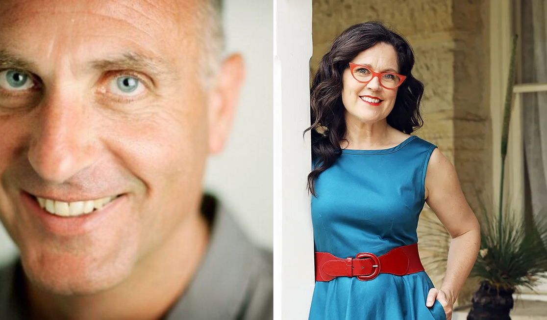Two headshots of authors, they are both smiling.