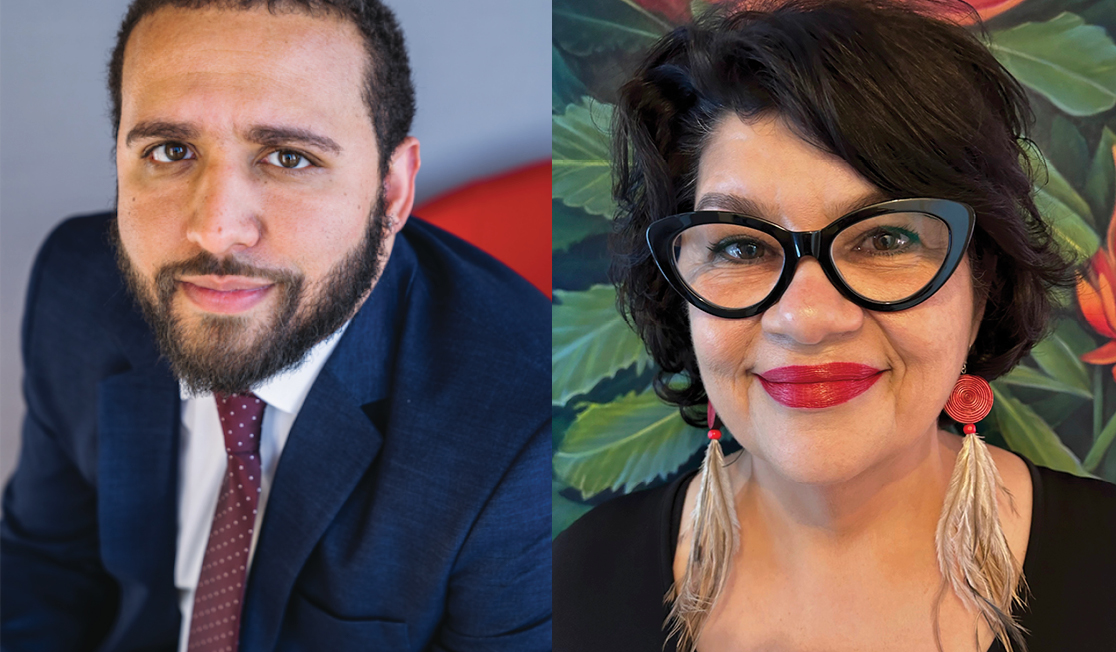 Headshots of Wesley Lowery and Kirstie Parker. Wesley wears a blue suit jacket, white shirt and red tie. Wesley has short dark hair and a beard. Kirstie wears dark framed glasses, a black top and red earrings with feathers. Kirstie is smiling.