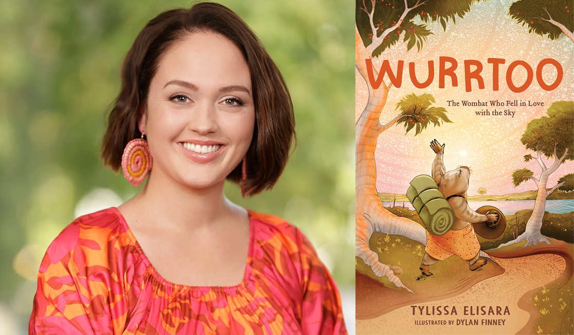 Tylissa Elisara wears an vibrant orange patterned top and round orange earrings. Tylissa has short brown hair and is smiling.