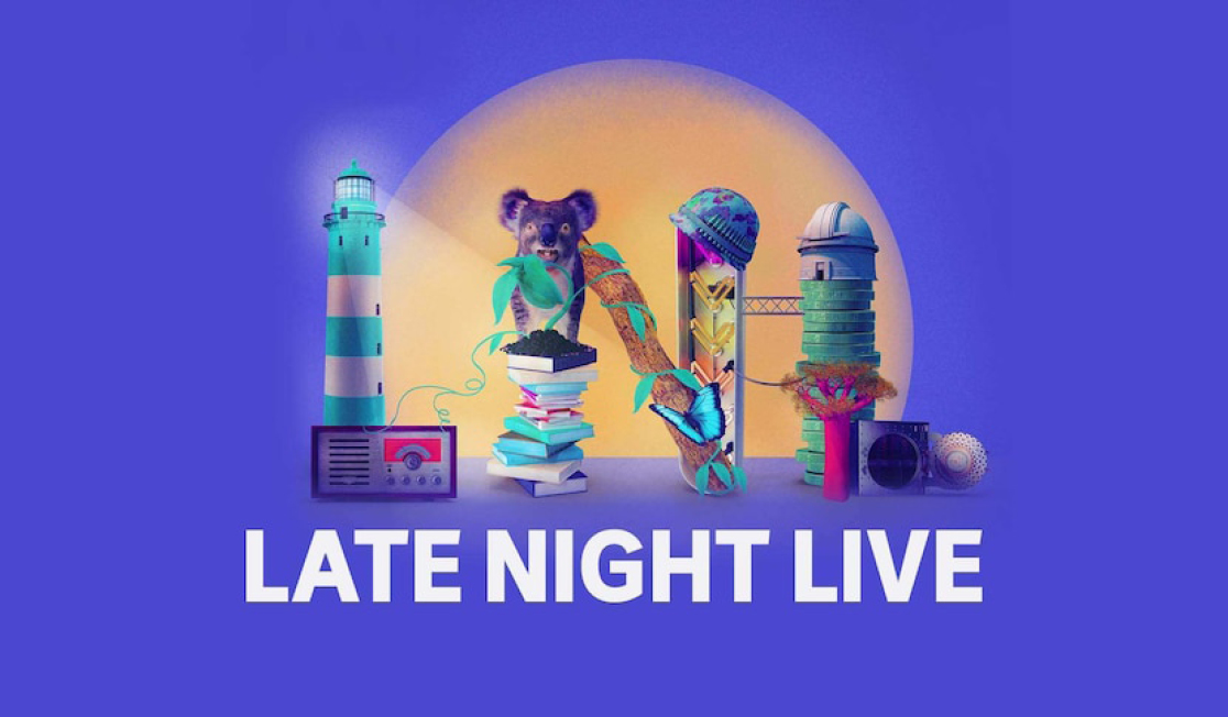 A purple background with the letters LNL spelled out with objects. A lighthouse, koala, stack of books and a tree branch are among them.