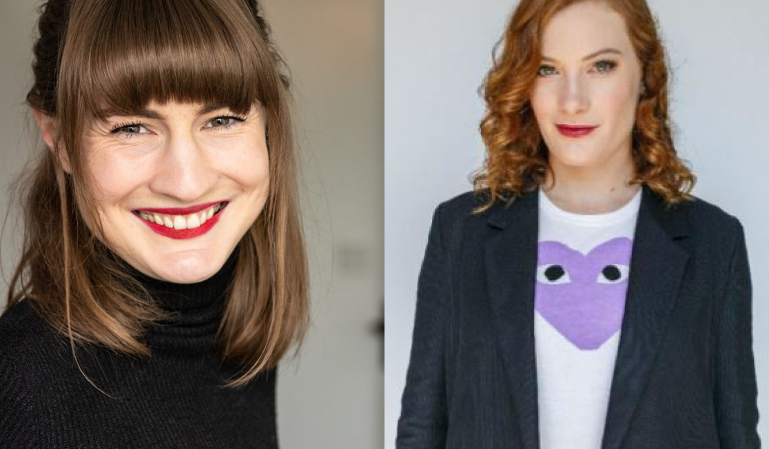 Headshots of Alyx Gorman and Lucia Osborne-Crowley. Both are smiling with red lipstick on.
