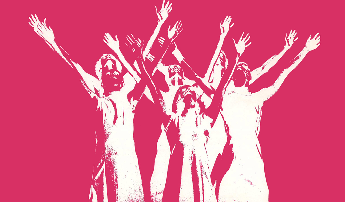A highly edited image shows 6 people who are only seen in white highlights looking upwards with their arms raised high. The background and shadows are bright pink.