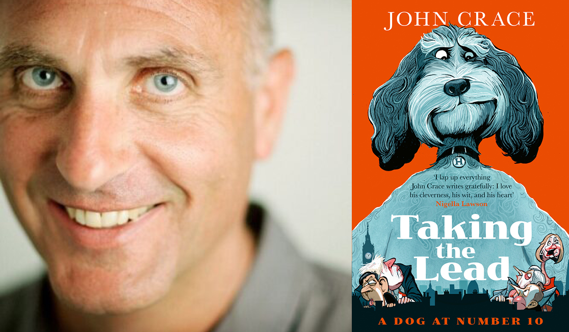 John Crace wears a grey shirt and looks up to the camera smiling. The book jacket has a orange background with an illustration of a blue dog.